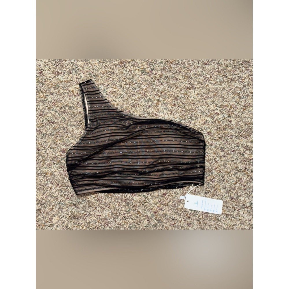 NWT Women's size small bikini top One-Shoulder Black Stripe Sparkle swim top